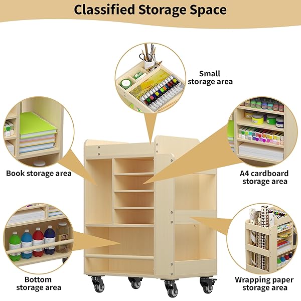 ART CART ROLLING WOOD, ARTS AND CRAFTS SUPPLY ORGANIZER, MULTI-FUNCTIONAL STORAGE CABINET CRAFTS, DIY UTILITY CART WITH PAPER STORAGE SHELF, ART SUPPLY HOLDER FOR CLASSROOM, OFFICE, BEDROOM