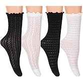 Tyqour 4 Pairs Womens Ruffle Socks, Cotton Hollow Socks, Casual Breathable Lace Sock, Thin Frilly Sock for Women and Girl (White, Black)