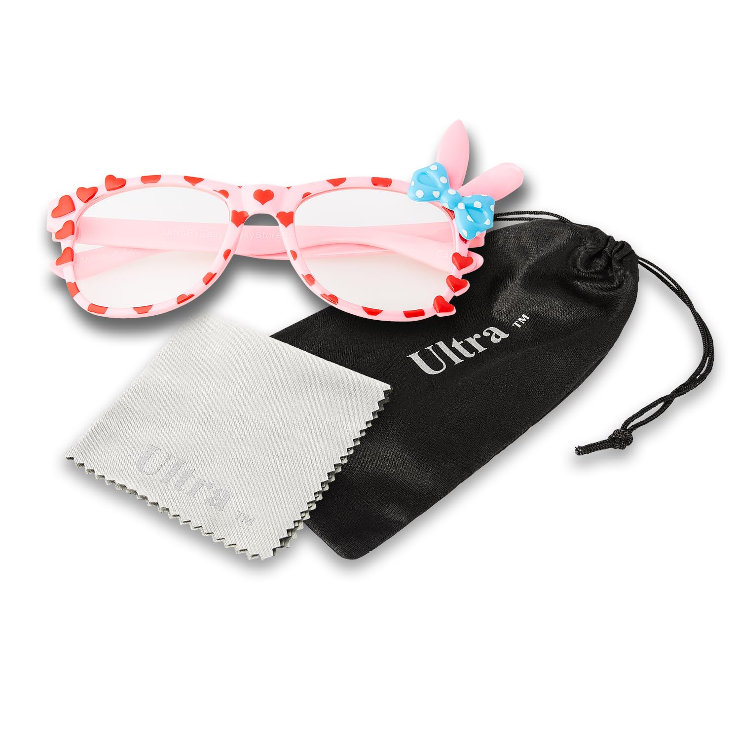 UltraByEasyPeasyStore Ultra Kids Bunny Ear Glasses with Bow - Clear Lens Fancy Dress Costume Props for World Book Day, Parties & Pretend Play (Boys & Girls, Ages 3+) - Pink