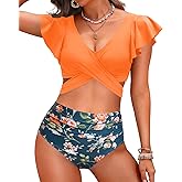 Women High Waist Bikini Sets - Two Piece Ruffle Tummy Control Swimsuits Bathing Suit