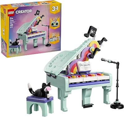 Creator 3-en-1 Décoration Musicale : Piano et Chat - Jouet - Maquette Rétro se Transformant en Radio ou Tourne-Disque - Décoration de Chambre d'Enfant DIY - Cadeau Fille ou Garçon dès 9 ans 31392