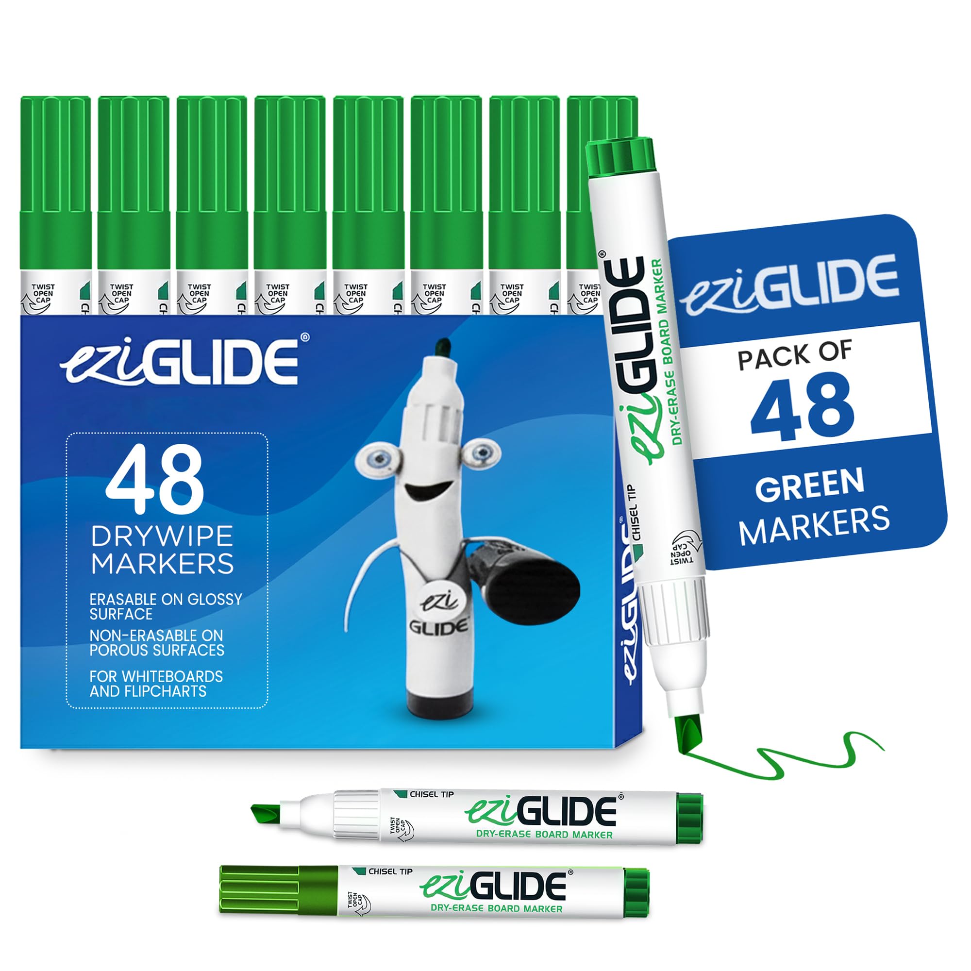 Eziglide Green Chisel Tip Drywipe Whiteboard Pens, Bulk Pack of 48 Green Markers, No Residue Ink, Hard-wearing Fibre Chisel Tip Dry Wipe Pen, Ideal for School, Home and Work