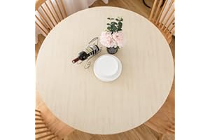 LIBERECOO Round Fitted Vinyl Tablecloth Waterproof Elastic Edged Table Cloth - Cream Wood -Plastic Table Covers for Indoor & Outdoor