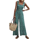 LUXVEER Women's Smocked Jumpsuits Casual Loose Sleeveless Wide Leg Long Pant Rompers Dressy One Piece Beach Vacation Outfits
