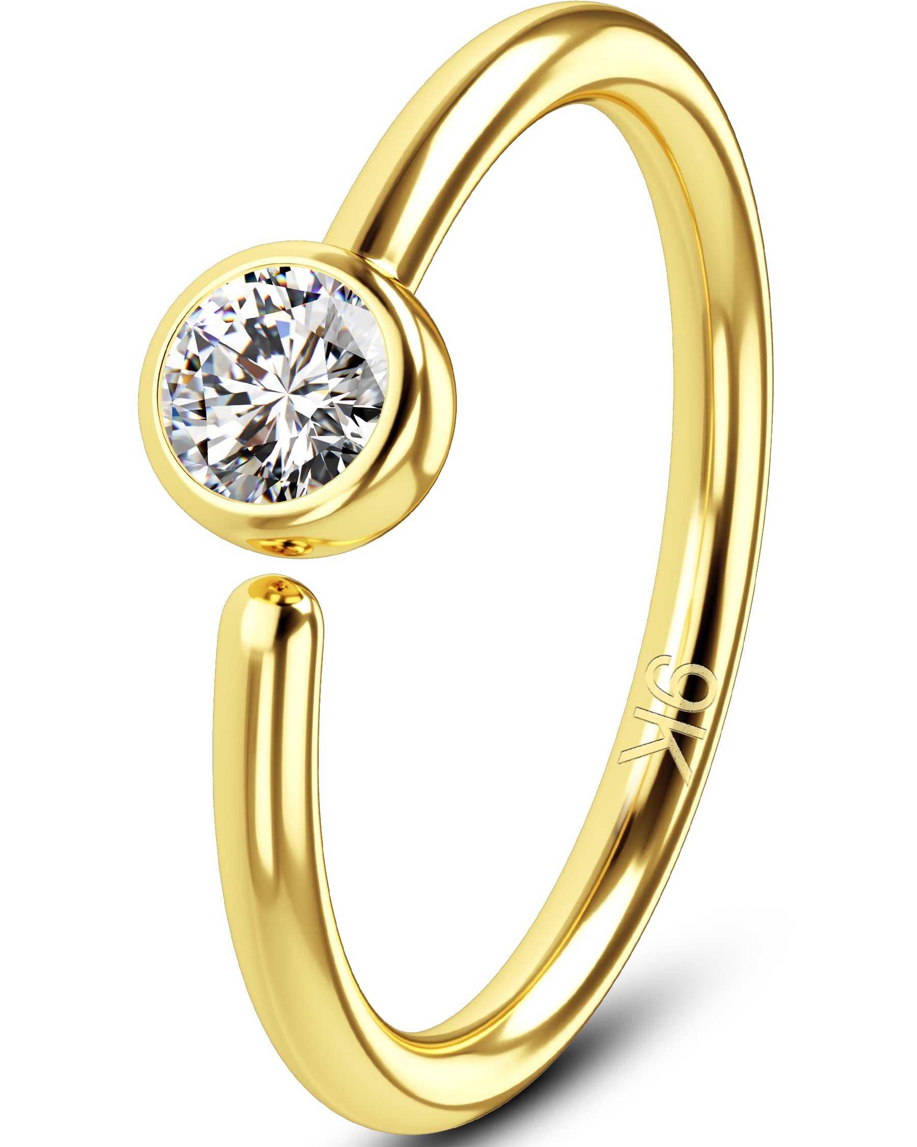 OUFER 9ct Solid Gold Nose Hoop Ring CZ 20 Gauge Seamless Open Nose Ring Earring Helix Piercings Hoops Cartilage Rook Body Jewellery Women Men Gift 8mm