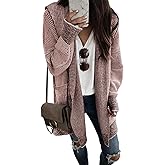 Sidefeel Women's Cardigan Sweaters Hooded Oversized Open Front Chunky Knit Plaid Sweater Coat Fall Fashion Tops