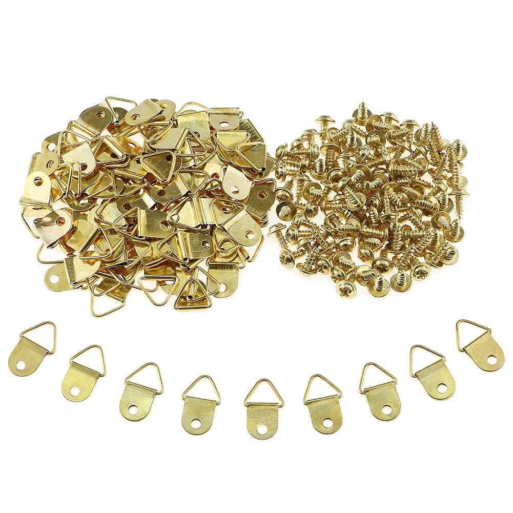 100 Pieces Picture Hanger D Rings Photo Frame Hanging Hooks Hangers Canvas Hook Wall Bracket Hanger with Screws Stainless Steel Golden