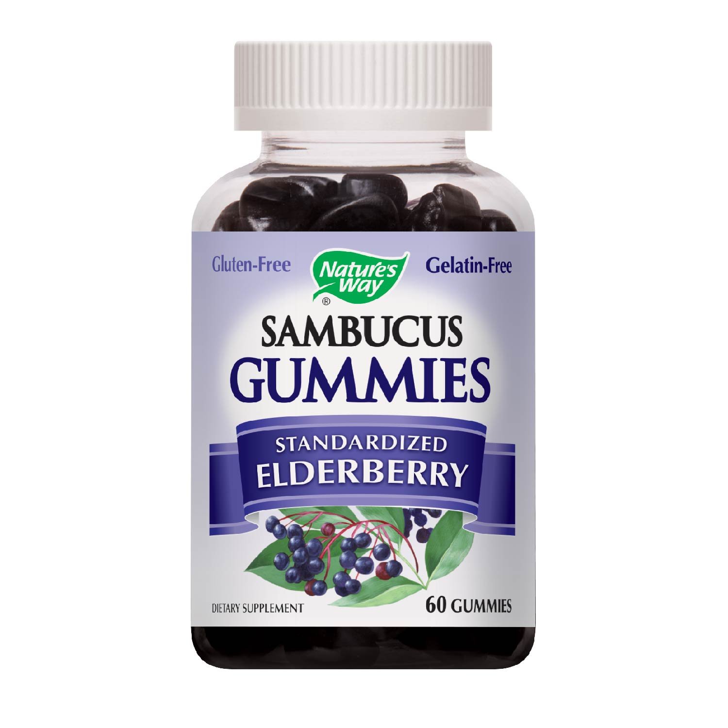 Nature's Way Sambucus Elderberry Gummies, Herbal Supplements with Vitamin C and Zinc, Gluten Free, Vegetarian, 60 Gummies