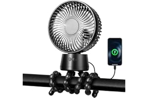 POPERFUN 50H Portable Stroller Fan, 15000mAh Ultra-Long Battery Powered Rechargeable Personal Fans, Tripod Clip Fan with Auto Rotation，3 Speed Desk Handheld Cooling for Travel Car Seat Bedroom