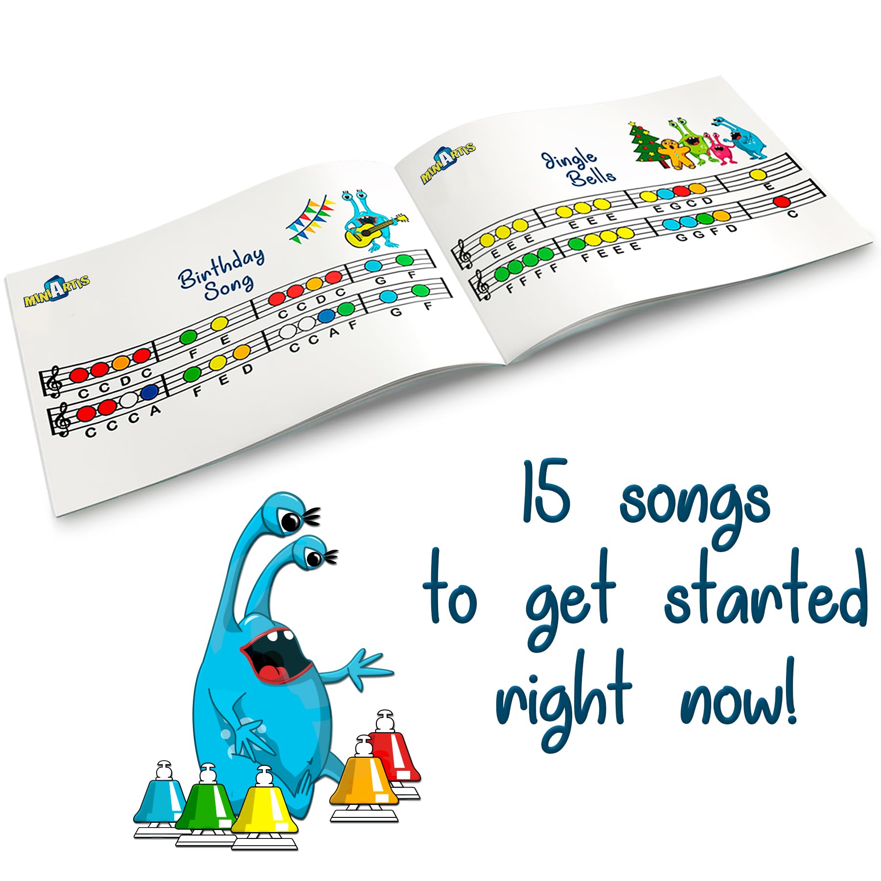 MINIARTIS Desk Bells for Kids | Educational Music Toys for Toddlers 8 Notes Colorful Hand Bells Set | Kids Musical Instrument with 15 Songbook | Great Birthday Gift for Children
