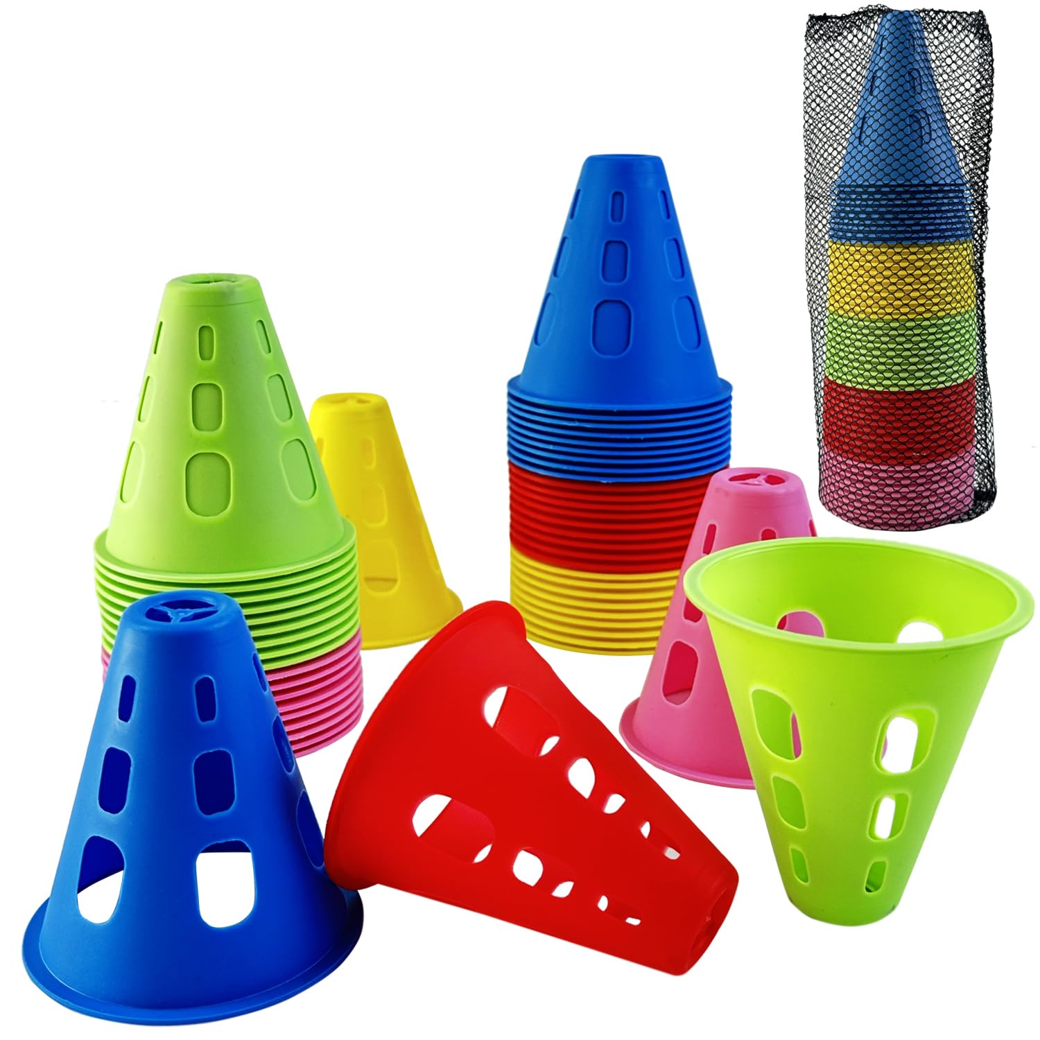 FEIBAMAOYI Slalom Cones, Slalom Training Cones, Sports Training Cones, Set of 50, Obstacles for Children Training, Football and Roller Skating