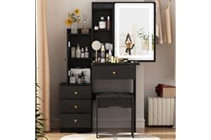 AGOTENI Small Vanity Table Makeup Vanity Dressing Table with Mirror, 4 Drawers & Shelves, Dressing Desk and Cushioned Stool Set (Black, Slidding Lighted Mirror)