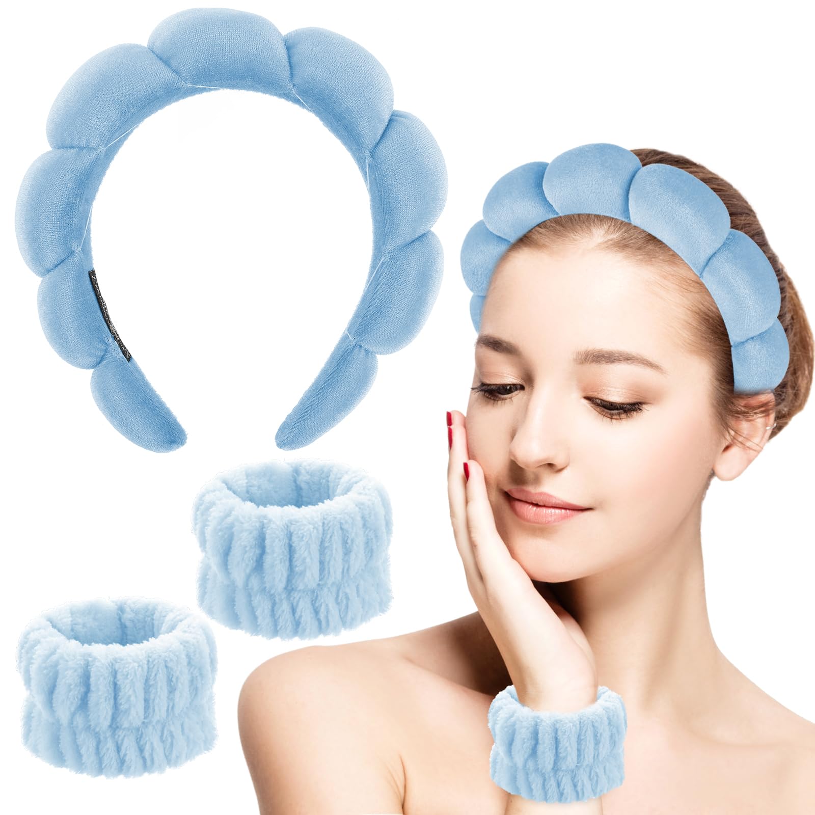 Sibba Sponge Headband Wristband Sets for Washing Face, Makeup Headbands for Women Girls, Skincare Makeup Removal Wash Spa Yoga Sports Shower Head Band Terry Towel Cloth Hair Band (Blue) — image 1