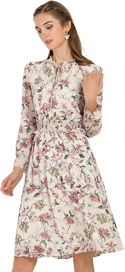 Amazon Allegra K 花柄 フリル Aラインワンピース リボンタイ Vネック スモックウエスト フレア 長袖 レディース ワンピース チュニック 通販