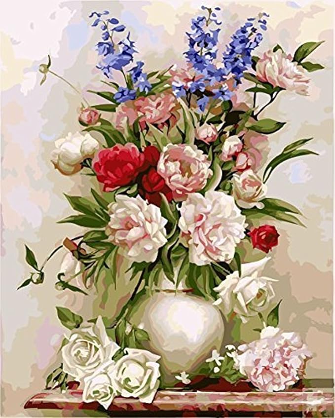 JynXos Wooden Framed Paint By Number Flowers Linen Canvas