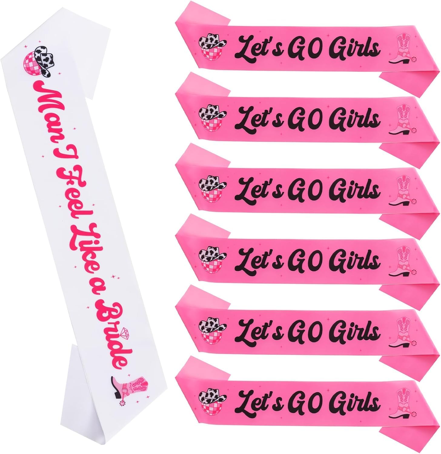 Serencatcher Cowgirl Hen Party Sashes for Bride & Bridesmaids - 1x Man I Feel Like a Bride Sash & 6x Let’s Go Girls Satin Sashes for Last Rodeo Bachelorette Bridal Shower Party Decorations & Props