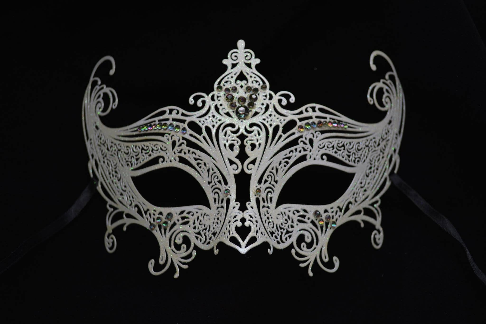 Queen Luxury White Venetian Mardi Gras Masquerade Mask with Color Rhinestones