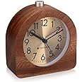 Navaris Wood Analog Alarm Clock - Half-Round Gold Face Battery-Operated Non-Ticking Clock with Snooze Button and Light - Dark Brown