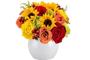 Warm Glow in Opal Vase | Yellow, Orange and Red Fresh Flower Foam Arrangement | Arabella Bouquets | Fresh Flowers for Delivery, Thanksgiving, Birthday, Congratulations