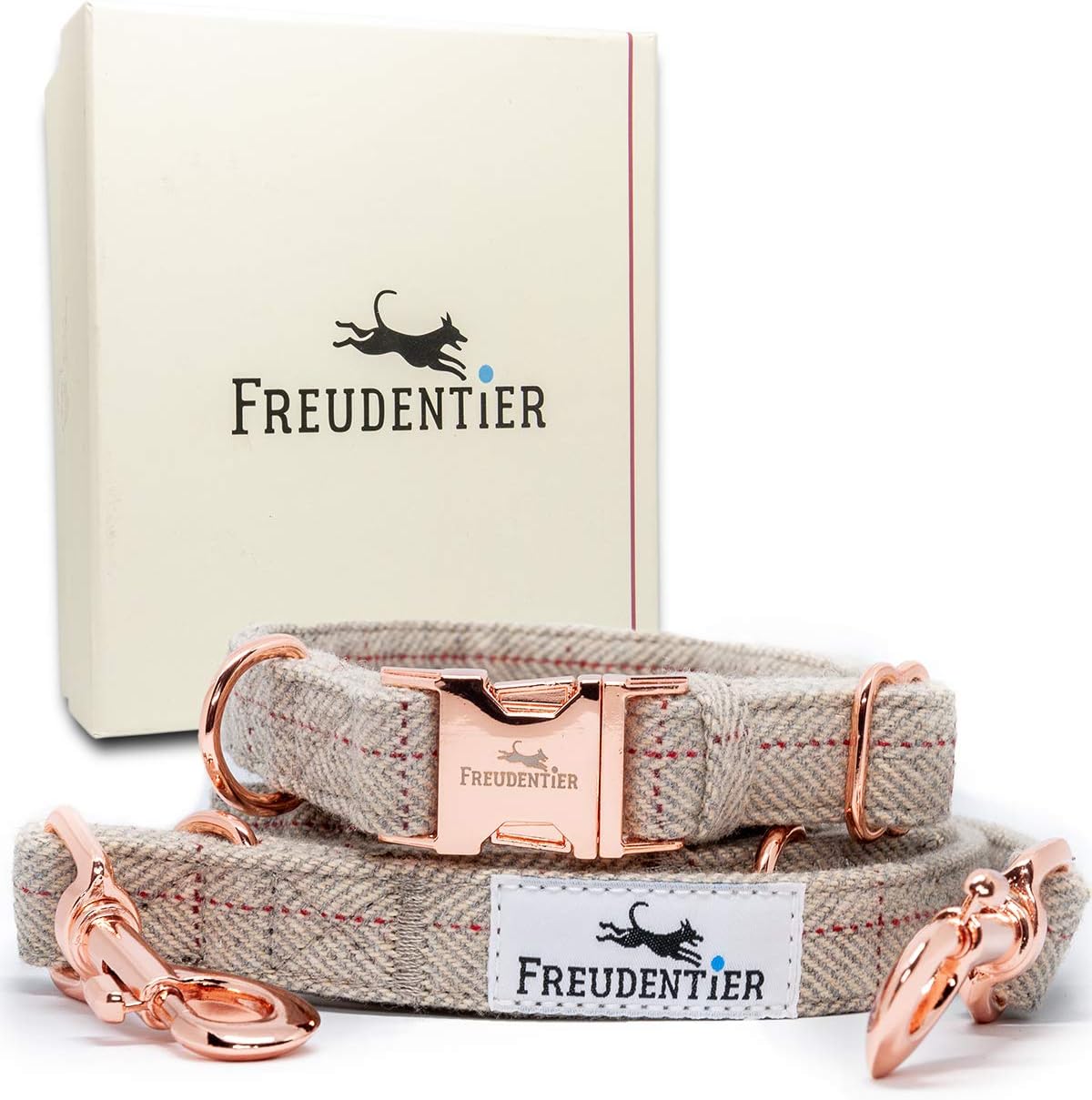 Freudentier Dog Collar + Dog Lead (2m) as Set, Beige, Rose Gold, 41-65cm