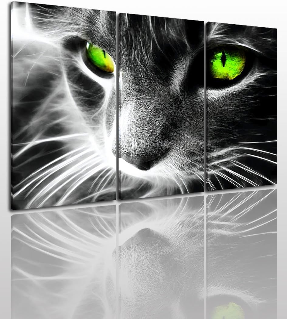 Gray Green Cat Canvas Wall Art Painting Modern Design Picture for Home Office Decor - 3 Pieces Animal Framed On Wooden Frame Image Pictures Photo Artwork Decoration Ready to Hangโฆ
