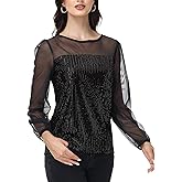 Anna-Kaci Women's Long Sleeve Sequin Blouse Sheer Mesh Top Sparkly Shirt for Holiday Party