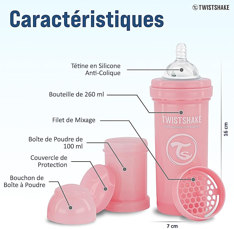 Newborn Anti-Colic Baby Bottle Set with Milk Powder Container and Mixer - 9 Pieces | 4 x Milk Bottles - 2 x Pacifiers - 2 x Teats - 1 x Bottle Brush | BPA-Free | 0m+ | Pink Grey
