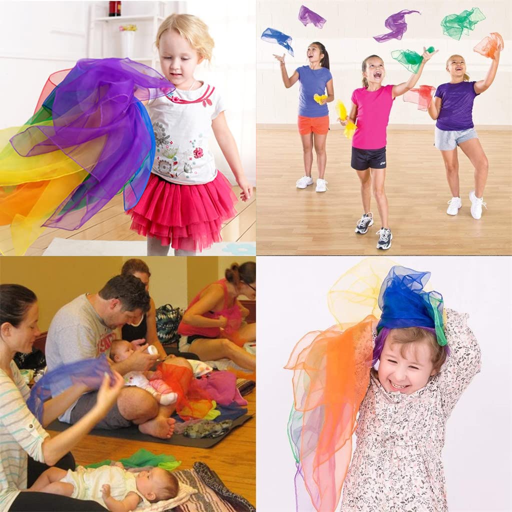 Dance Scarves for Kids 12 Pcs Music Scarves Dance Scarf Play Scarves for Children Movement Square Juggling Silk Tricks Scarves Rhythm Band Scarves(6 Colors,24