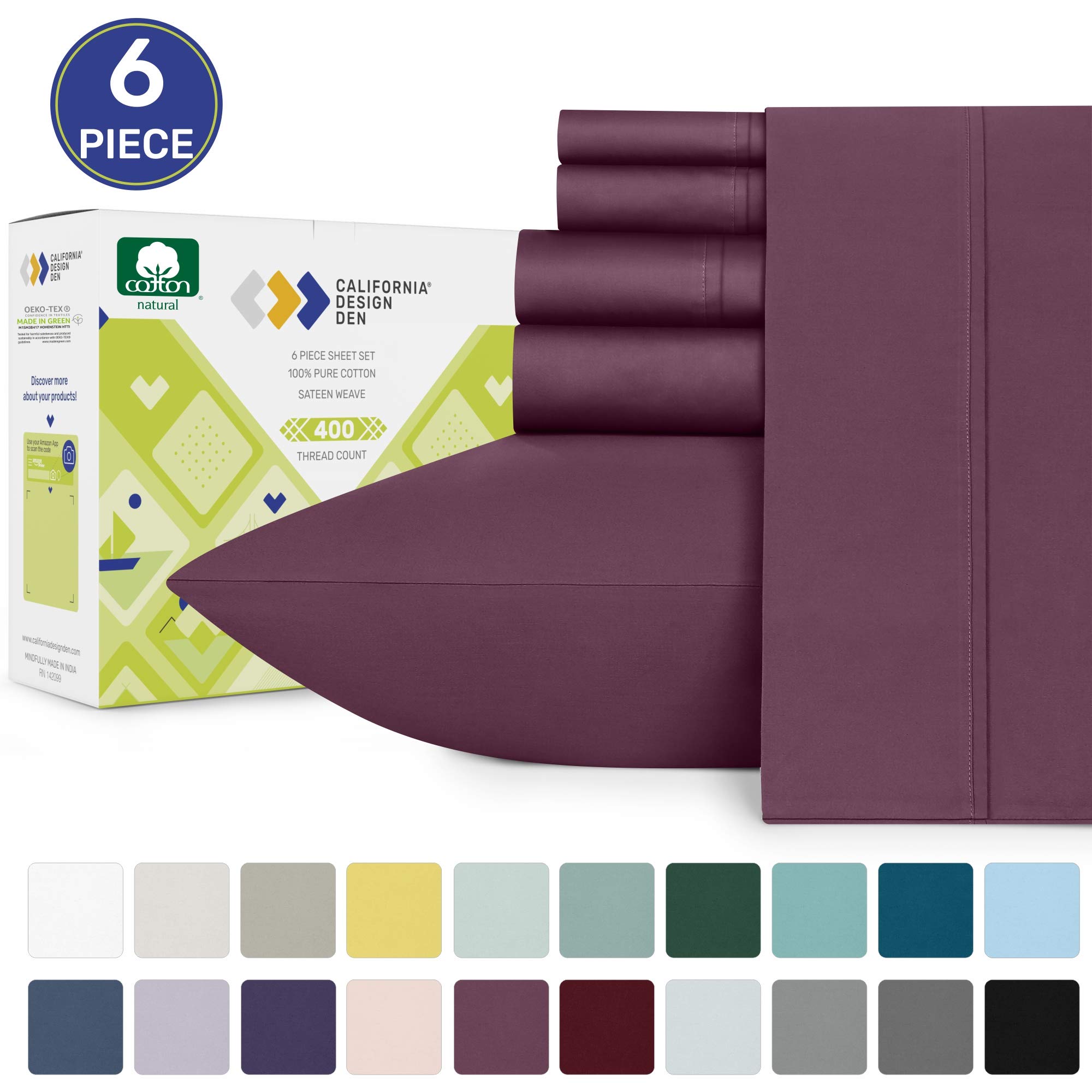 California Design Den Queen Size Plum Sheet Set - 6 Piece Set Ultra Soft 100% Cotton Sheets, 400 Thread Count Luxury Sateen Weave, Deep Pocket Bedsheets, Includes 4 Pillowcases (Queen, Soft Plum)