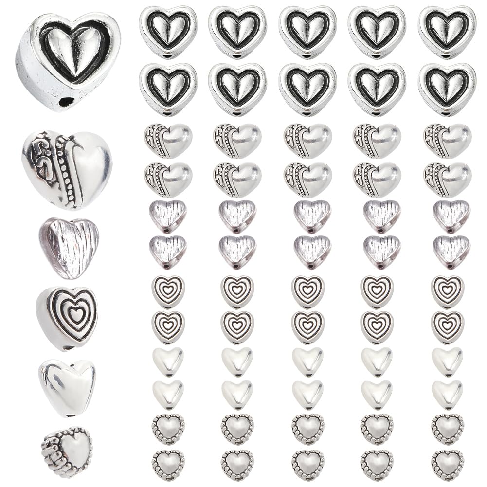 SOFPLATE 1 Box 120Pcs Antique Silver Heart Beads Heart Charm Spacer Bead Metal Alloy European Style Love Hearts Loose Spacer Beads for jewellery Making Bracelets Earrings Crafts Valentines Day Gifts