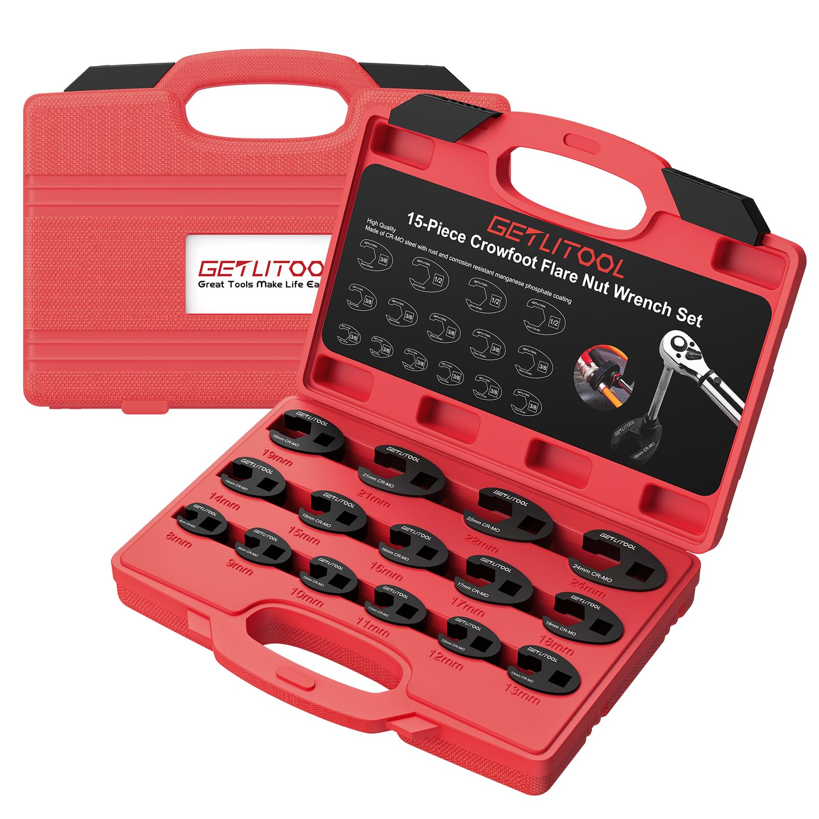 GETLITOOL 15tlg.Hahnenfußschlüssel Satz Metrisch 8-24mm, Drehmoment Gabelschlüssel Cr-Mo-Stahl 1/2"&3/8" Antrieb Maulschlüssel Schwarz, Crowfoot Flare Nut Wrench Set mit Tragbare Aufbewahrungsbox