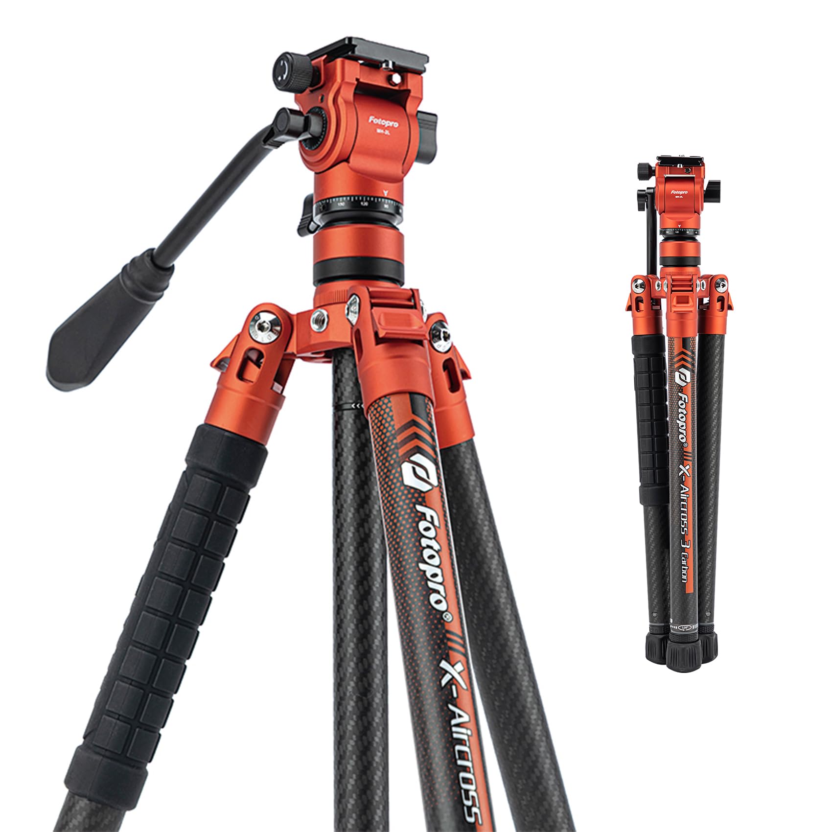 Fotopro X-Aircross 3 Video 62 Inch Lightweight Travel Camera Tripod with Fluid Head 2.35lbs Ultra Light Portable Professional Video Travel Carbon Fiber Tripod for Camera DSLR Load up to 22lbs Orange — image 1