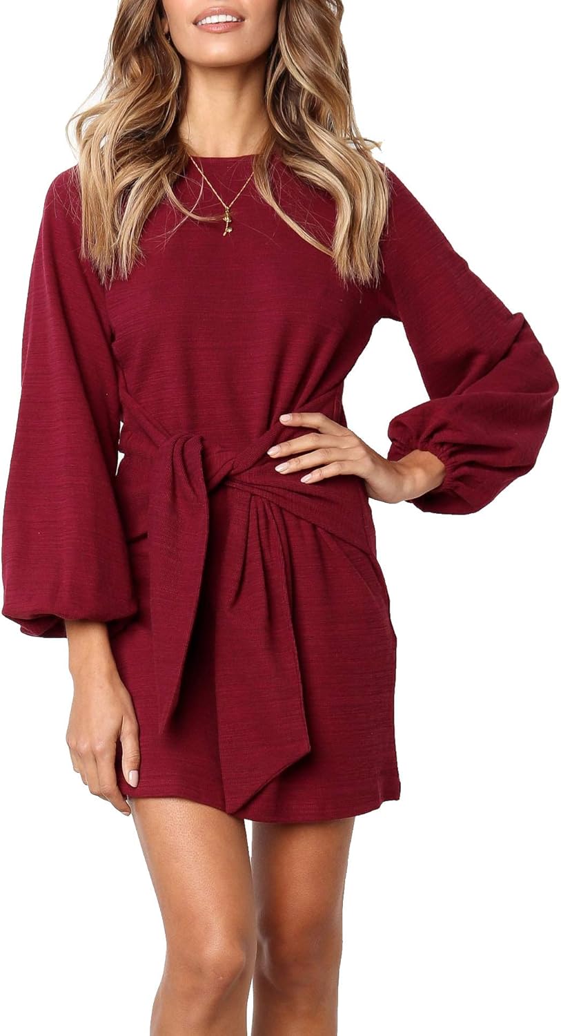 R.Vivimos Women's Autumn Winter Cotton Long Sleeves Elegant Knitted Bodycon Tie Waist Sweater Pencil Dress at  Women’s Clothing store