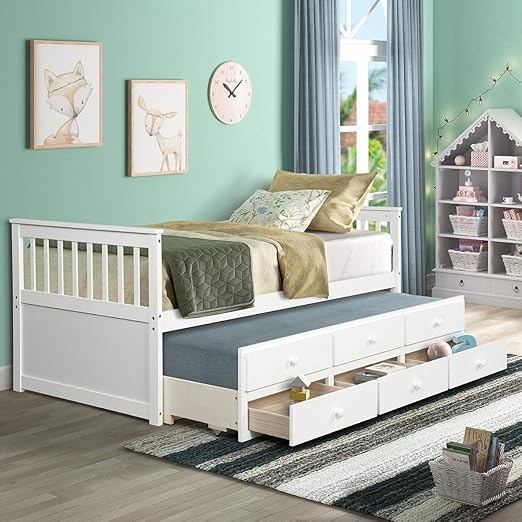 white wood twin bed with trundle