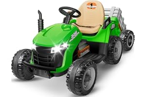 24V Ride On Tractor w/Tiltable & Detachable Trailer, 2x65W Motors, EVA Tires,Shifter, Remote Control, Music, Electric Car for