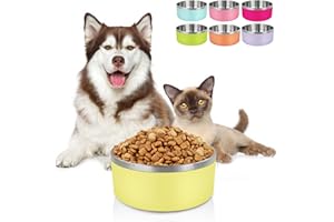 LIHONG Dog Bowls,Stainless Steel Dog Bowls for Large Dogs,Dog Food Water Bowls with Non Slip Rubber Bottom,Pet Feeding Bowl,Double Wall Insulated,Rustproof(64oz,Light Yellow)