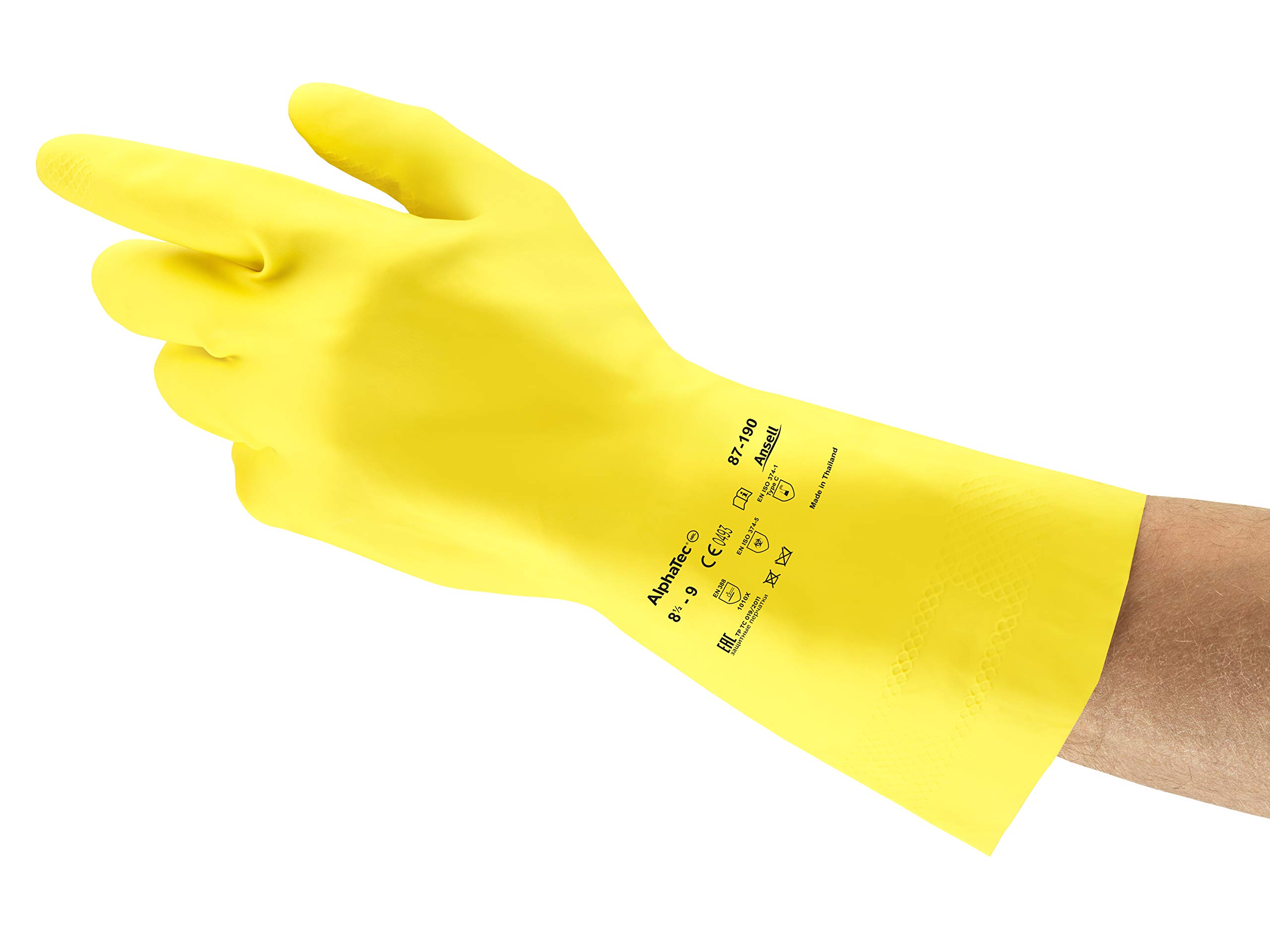 Ansell AlphaTec 87-190 Multi-Purpose Work Gloves, Ultra Thin Design with Excellent Dexterity and Tactility, Cotton Flocked, Safety Glove in Latex, Reusable, Yellow, Size XL (12 Pairs)