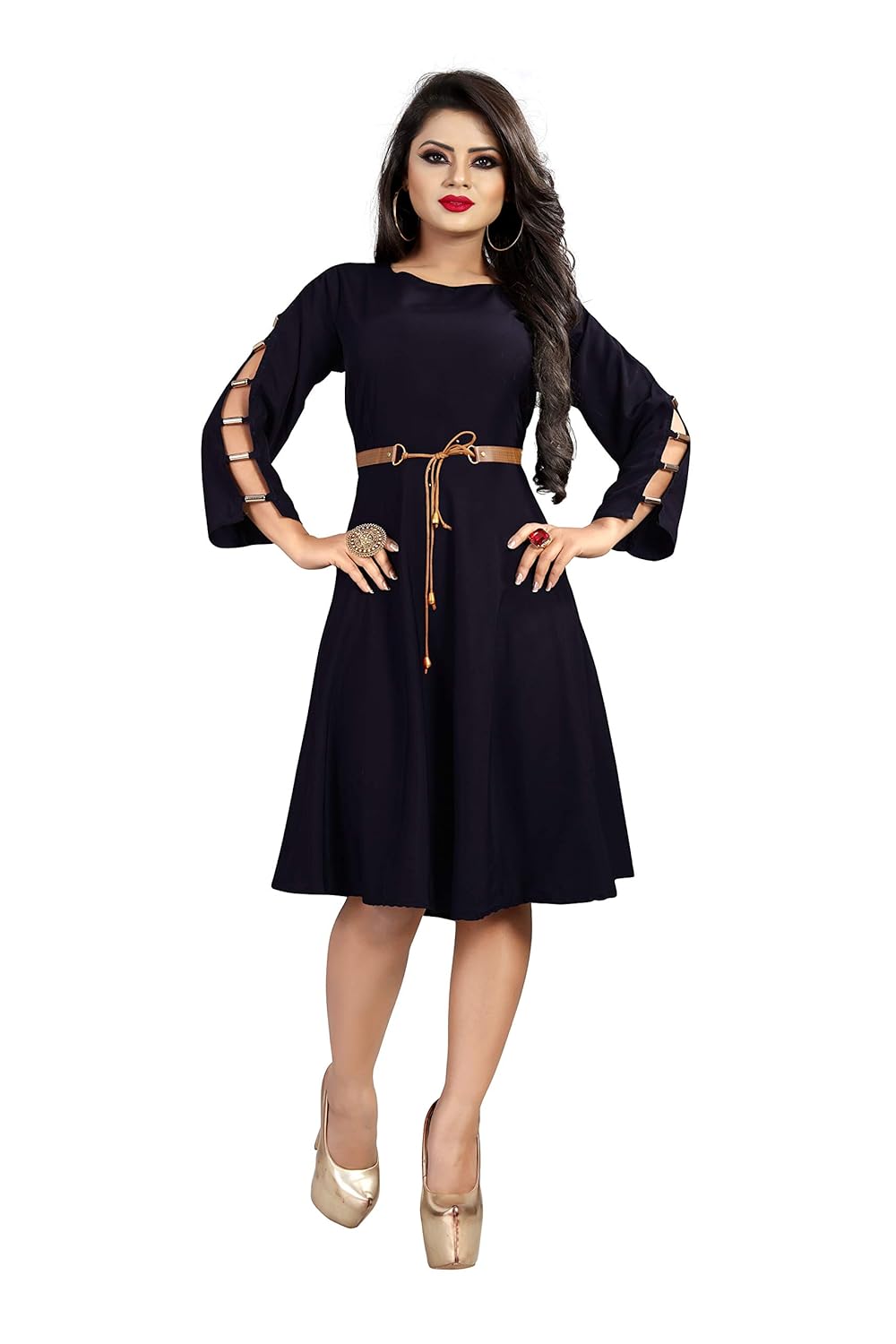 Buy N C Creation Stylish Designer Round Neck Full Stitched Knee Length One Piece Dress With Belt For Girls Women S Xl Black At Amazon In