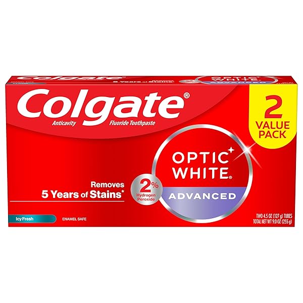 COLGATE OPTIC WHITE ADVANCED TEETH WHITENING TOOTHPASTE, 2% HYDROGEN PEROXIDE TOOTHPASTE, ICY FRESH, 4.5 OZ, 2 PACK
