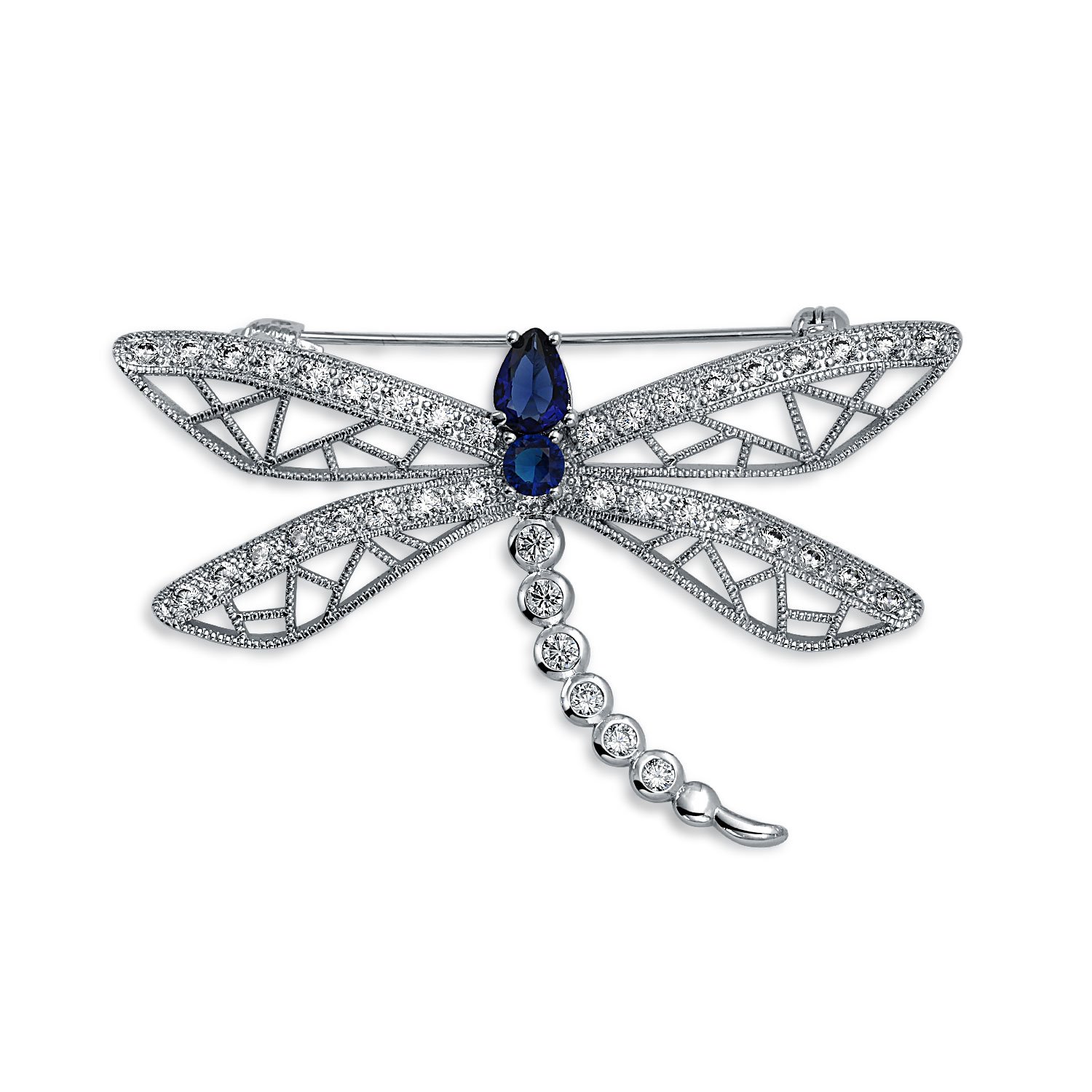 Silver Plated Vintage Style Simulated Sapphire Blue Cubic Zirconia CZ Filigree Brooch Scarf Pin for Women Statement Butterfly Dragonfly Firefly Design