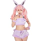 Mobbunny Women Cartoon Cosplay Pajamas Set Purple Flannel Sleeveless Crop Top and Shorts Loungewear Halloween Christmas