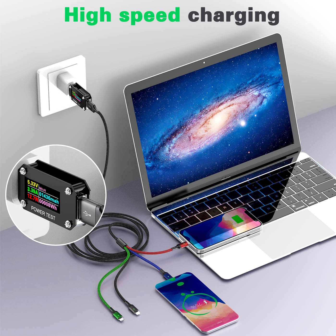 Multi Charging Cable 4A, [5Ft/ 2Pack] 4 in 1 Charger Cable,Braided Multiple USB Cable Universal Phone Charging Cord with IP/Type C/Micro USB Port for iPhone16/15/14/13 Series/Samsung Series/PS & More