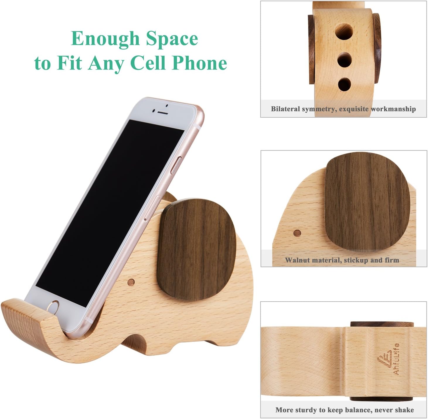 AhfuLife Elephant Pencil Phone Stand Christmas Gifts Ideas for Women Beech&Walnut Wooden Pen Pot Holder Desk Decoration Stationary Gifts for Women Xmas Birthday Mother's Day Valentine's Day - Image 4