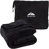 BlueHills Premium Soft Tall Travel Blanket Pillow Airplane Flight Blanket Long Throw in Bag Pillowcase with Backpack Clip Compact Large Long Traveling Essentials Portable Black T054