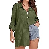 SCOMCHIC Women Plus Size Button Down Shirts Long Roll Up Sleeve V Neck Collared Casual Blouses Oversized Shirt Tops