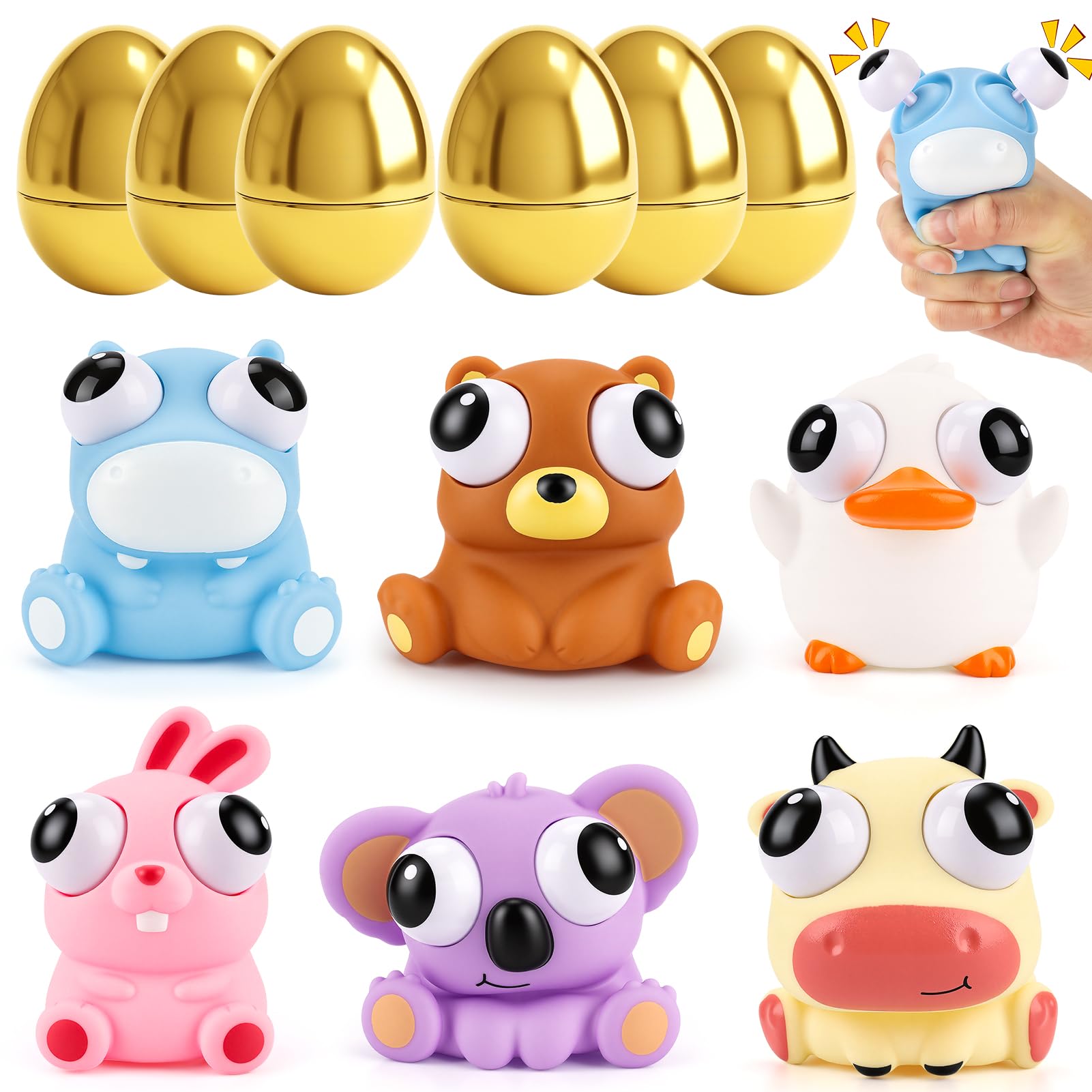 Gralima 6 Pack Jumbo 4" Golden Easter Eggs Fillers with Popping Eyes Fidget Toys, Easter Basket Stuffers Stress Relief Toys for Kids, Easter Eggs Hunt Party Favors Classroom Prizes