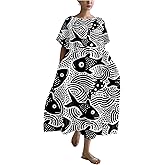 MARSVOVO Boho Dress for Women 2024 Plus Size Linen Casual Fish Wave Pattern Loose Fit Ruffle Hem Flowy Japanese Dress