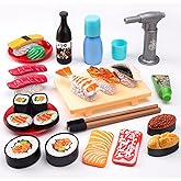 Funpynani Sushi Slicing Play Food Set, 34Pcs, 3+ Ages LED Light with Color Changing Pretend Food Toys Accessories with Velcro for Kids, Play Kitchen for Toddlers, Learning Gift for Girls Boys