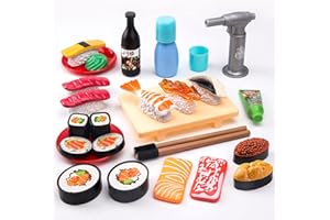 Sushi Slicing Play Food Set, 34Pcs, Funpynani 3+ Ages LED Light with Color Changing Pretend Food Toys Accessories with Velcro for Kids, Play Kitchen for Toddlers, Learning Gift for Girls Boys
