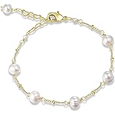 Cowlyn Pearl Bracelet Baroque Cultured Pearl Link, 14K Gold Plated Beaded Link Chain Charm Bracelets for Women Handmade Jewelry